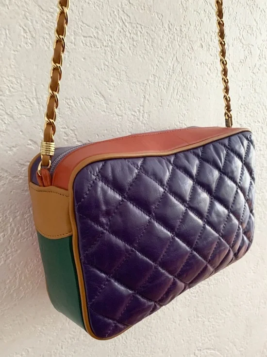 Vintage Quilted Color Block Multi-Color Leather Studded Tassel Crossbody Bag - Picture 8 of 17